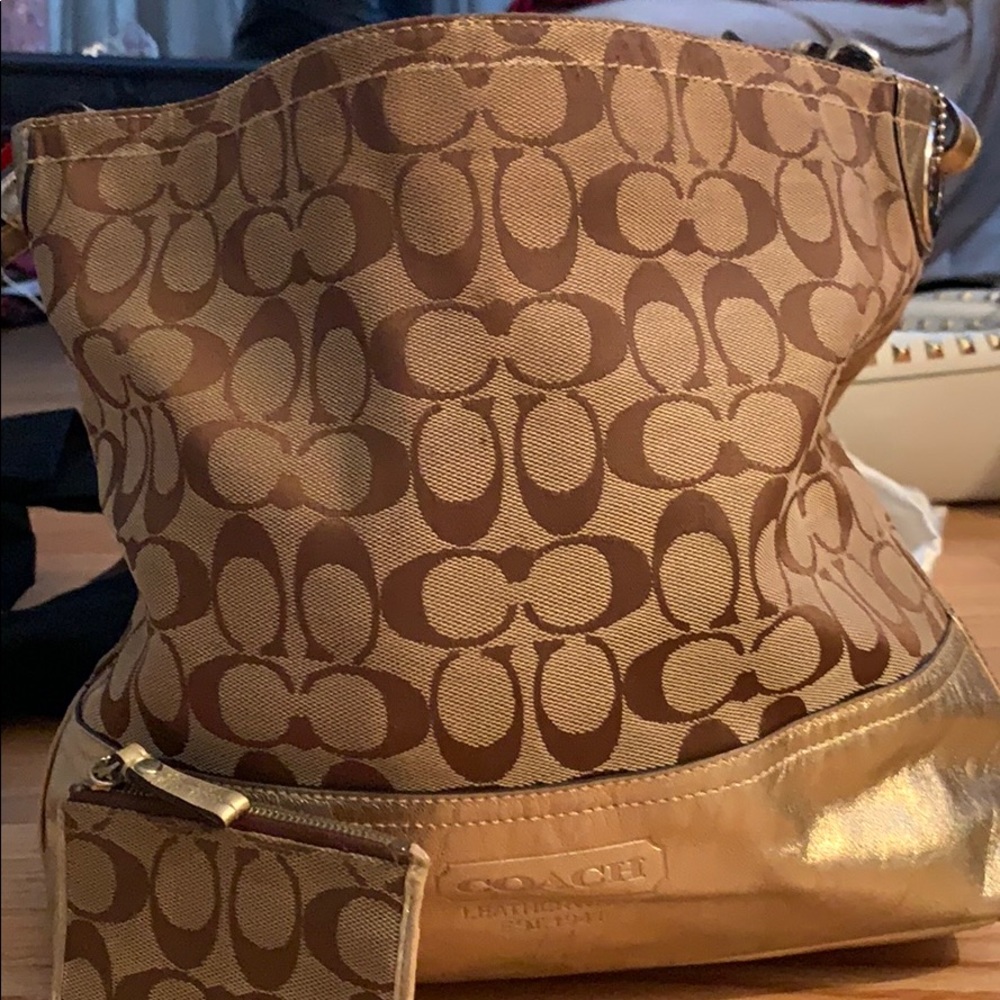 Authentic Coach Gold Leather Trimmed Monogram Bag